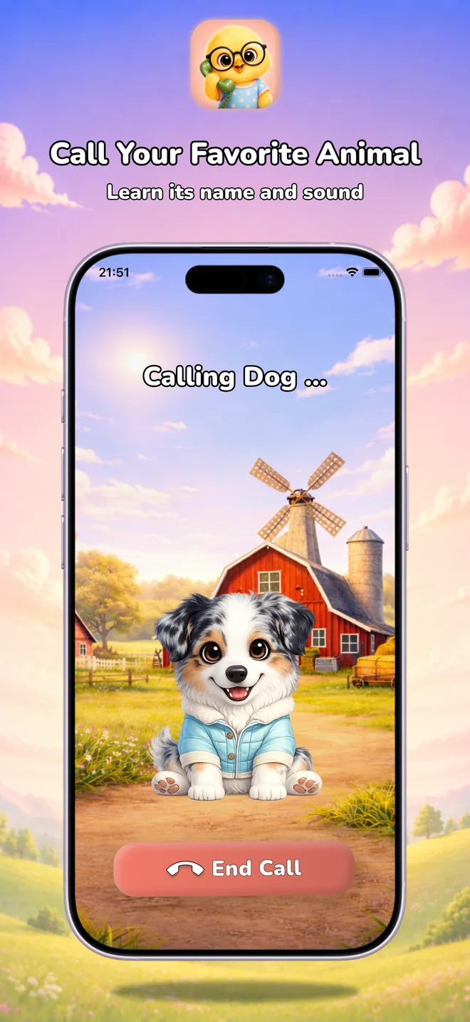 Baby Phone app calling a friendly dog on a sunny farm